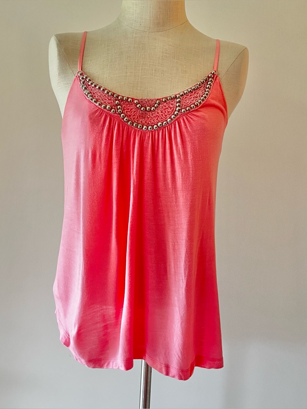 Y2K Beaded metal studded Coral light Pink Spaghetti Strap Women's flowy Tank Top